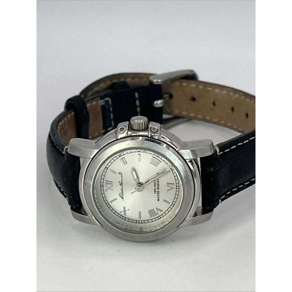 Eddie Bauer Women's Quartz Watch Black Leather Band‎ 28mm Case- New Battery
